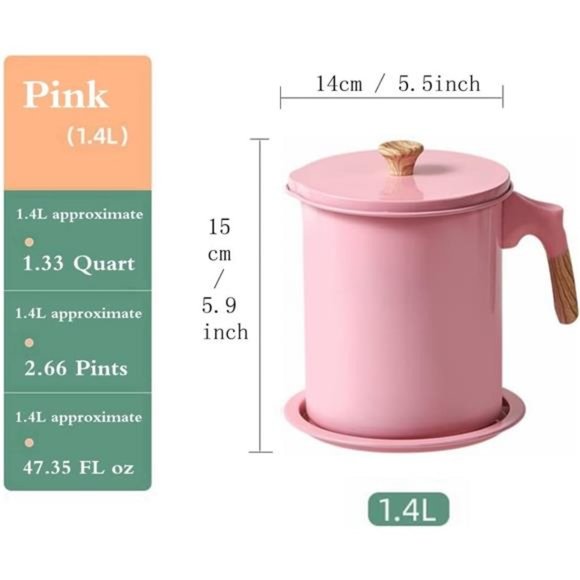 Pink Oil Storage & Bacon Grease Container with Strainer for Kitchen(48oz / 1.4L) - Picture 2 of 9